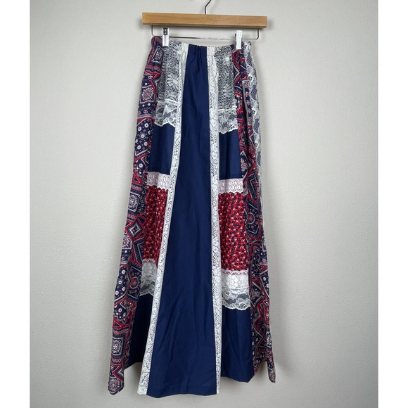 VTG 70s Patchwork Prairie Maxi Skirt S/M Red White Blue Lace Boho Cottagecore - Picture 5 of 5